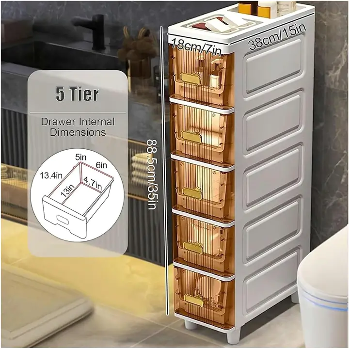 5-Tier Bathroom Storage Cabinet, Drawers For Narrow Space, Kitchen