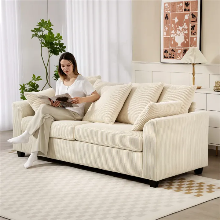 Curved Arm Corduroy Couch - Beige