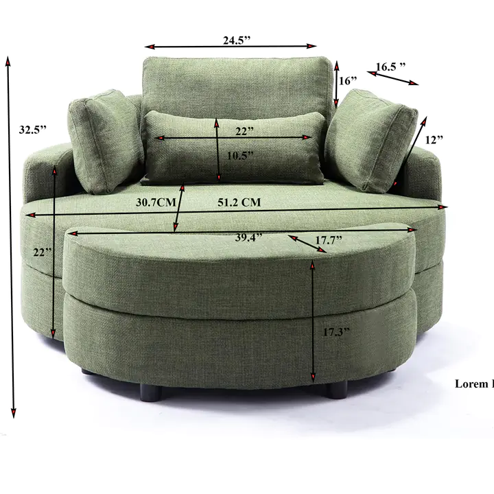 51.2' Oversized Barrel Chair Storage Ottoman 4 Pillows Green