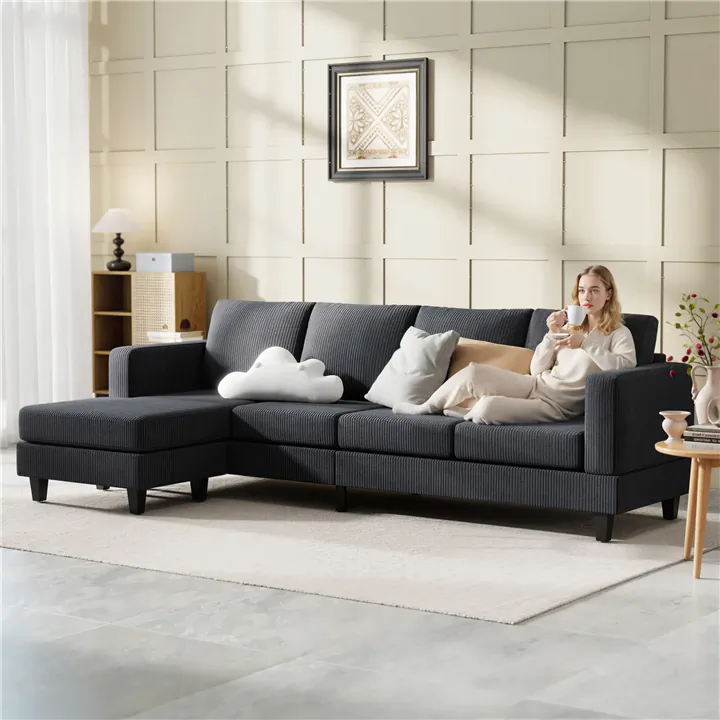 Modern Grey Corduroy L-Shaped Couch with Chaise