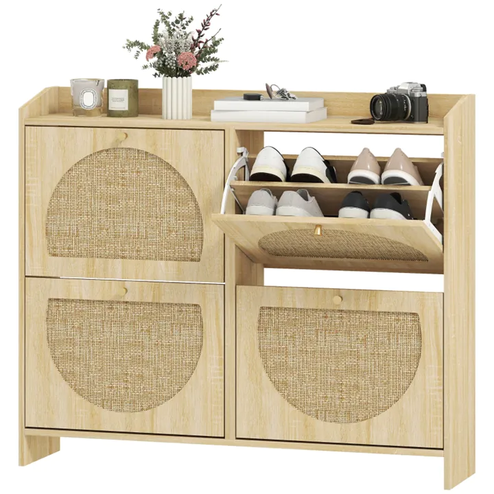 4-Flip Drawer Shoe Cabinet, Rattan Doors, Adjustable Shelves