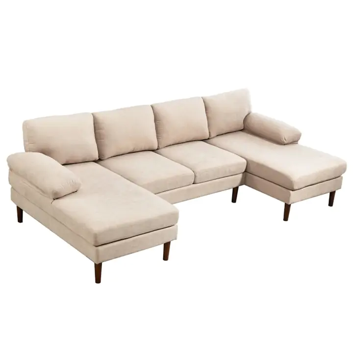 U Shape Couch with Double Chaise Lounge, Modern 4 Seater Sofa, Beige