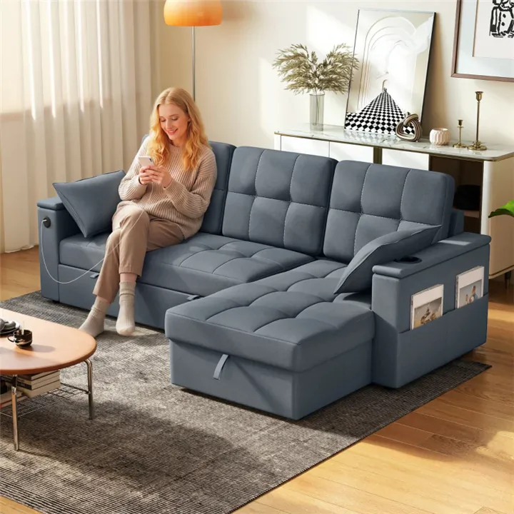 Convertible L-Shaped Sectional Sofa Bed with Storage