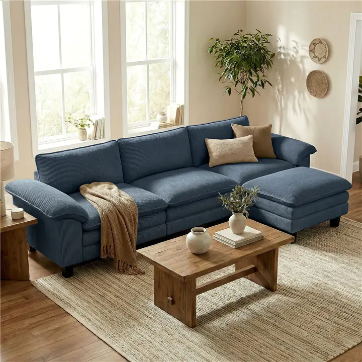 L-Shaped Corduroy Sectional, High-Density Foam, Deep Seat, Ottoman