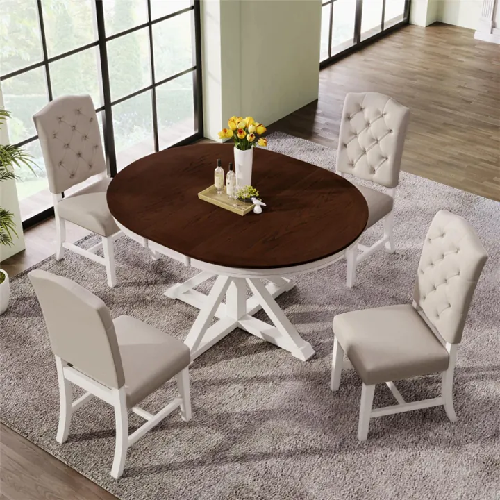 Space-Expandable Dining Table Set - Off White/Walnut