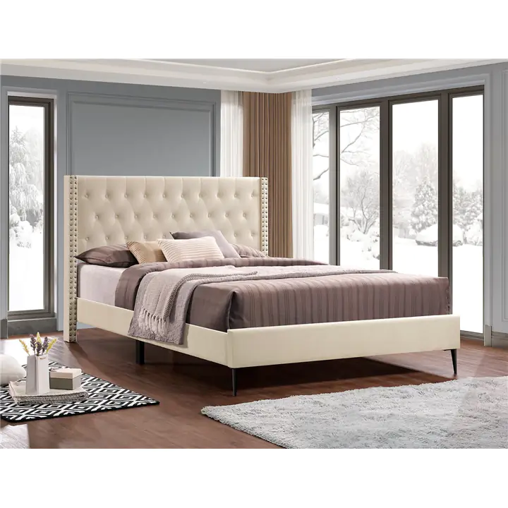 Elegant Diamond-Tufted Upholstered Bed - Creme/Queen