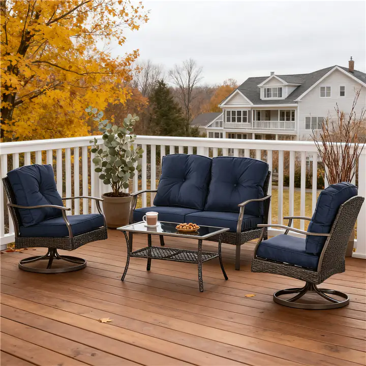 4-Piece Wicker Patio Set, Swivel Chairs, Tea Table, Navy Blue Cushions