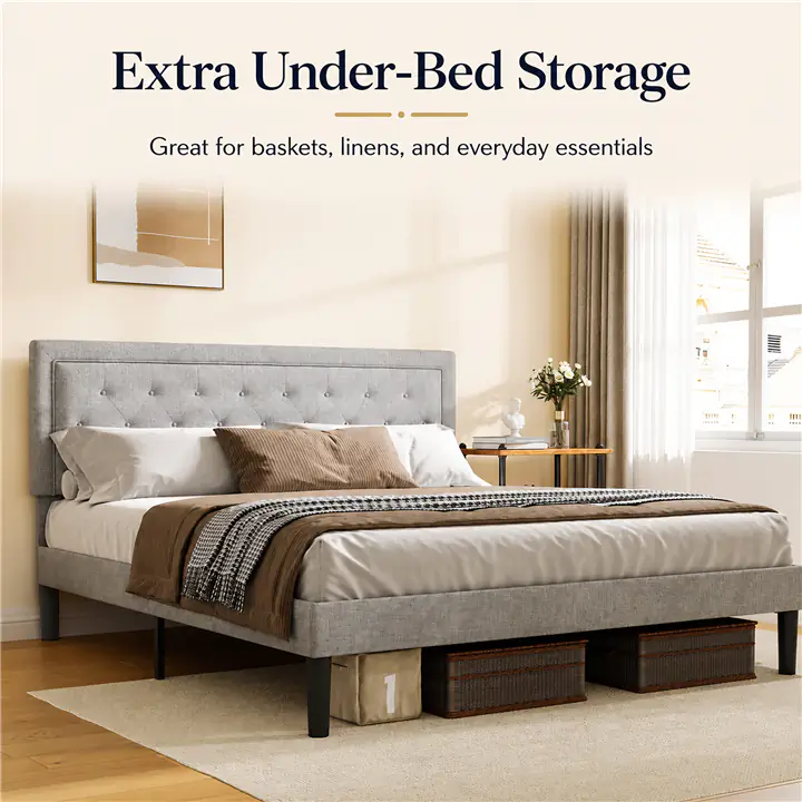 Queen Platform Bed Frame, Grey Tufted Upholstered Headboard