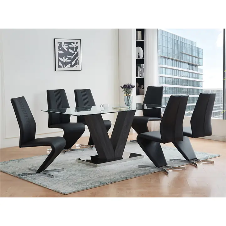 7 Piece Modern V-Pedestal Dining Set - Black