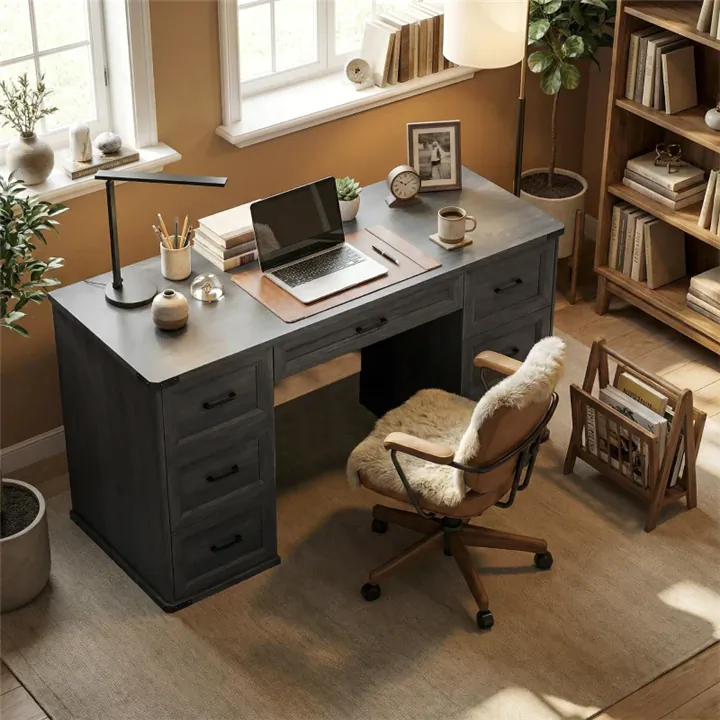 Executive Office Desk with Seven Drawers - Black