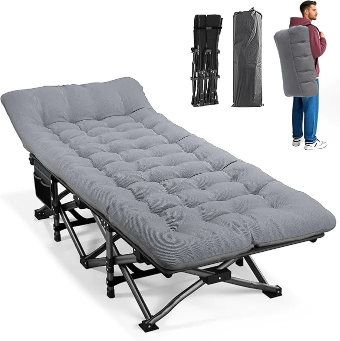 Portable Folding Camping Cot with Cushion, Grey, 450 lb