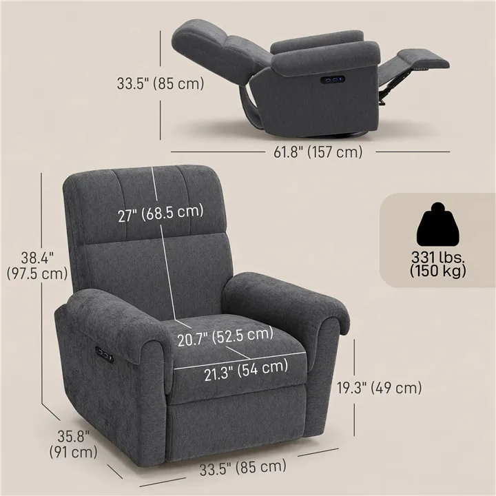 Effortless Electric Swivel Rocking Chair, Fabric, USB Ports, Dark Grey