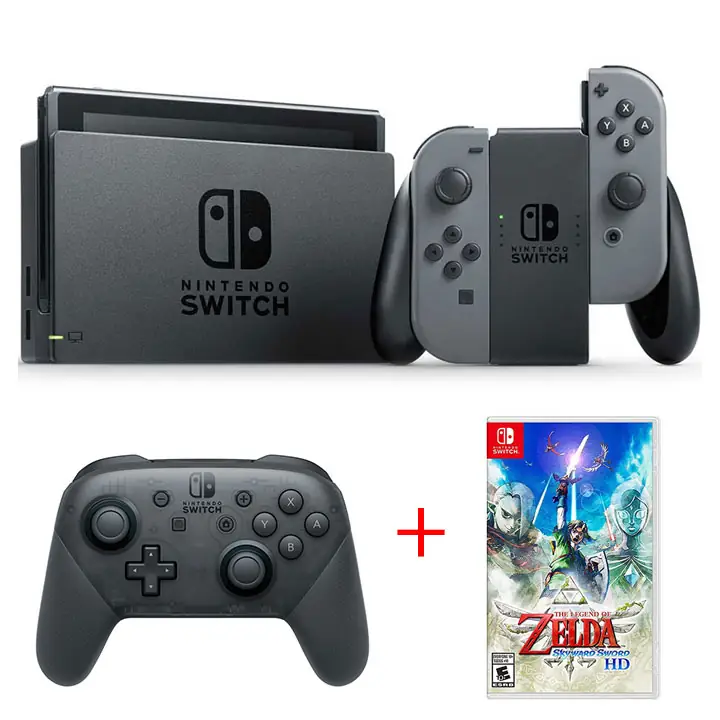 Nintendo Switch Grey Console, Pro Controller + Zelda Game Bundle
