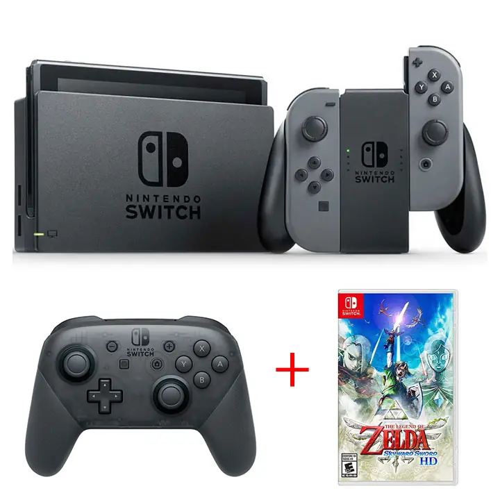 Nintendo Switch Grey Console & Pro Controller/Zelda Skyward Sword Bundle