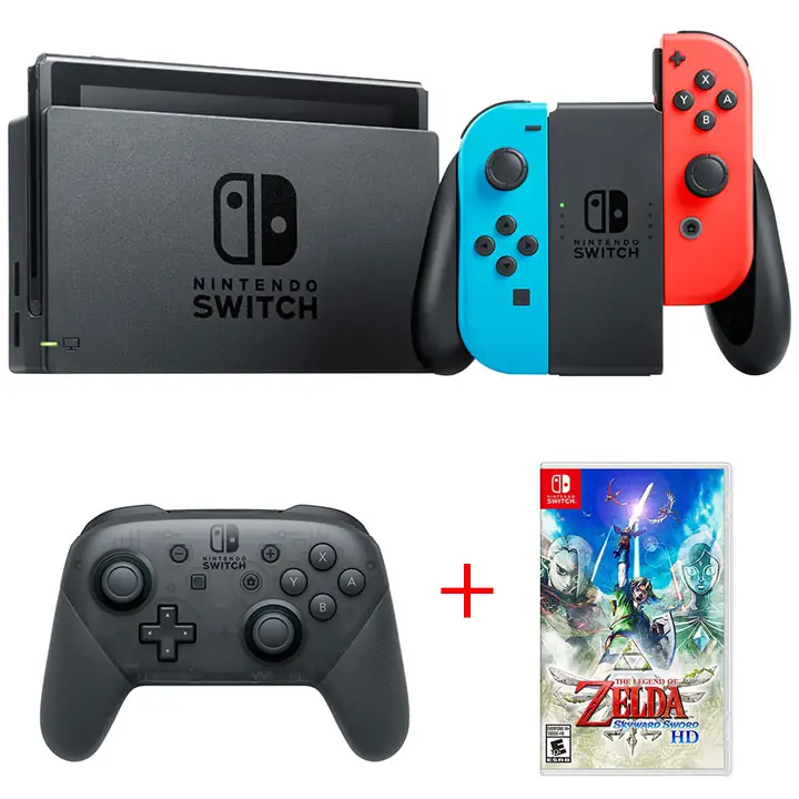 Nintendo Switch Red/Blue Console & Pro Controller/Zelda Skyward Sword Bundle