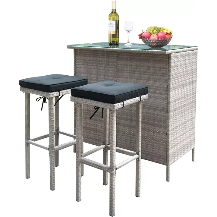 Wicker Breeze Bar Trio – Glass Top & Cushioned Stools Set