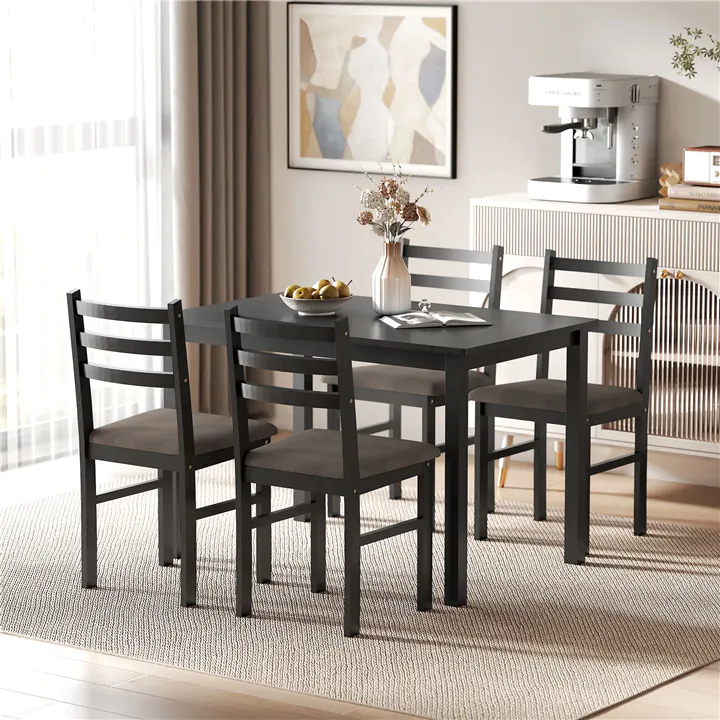 5-Pcs Dining Set with Solid Wood Legs & Comfort Upholstered Chairs